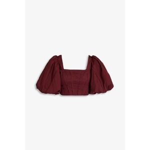 Aje Sylvia Maroon Cropped Cotton Poplin Top Puff Sleeves Size 12